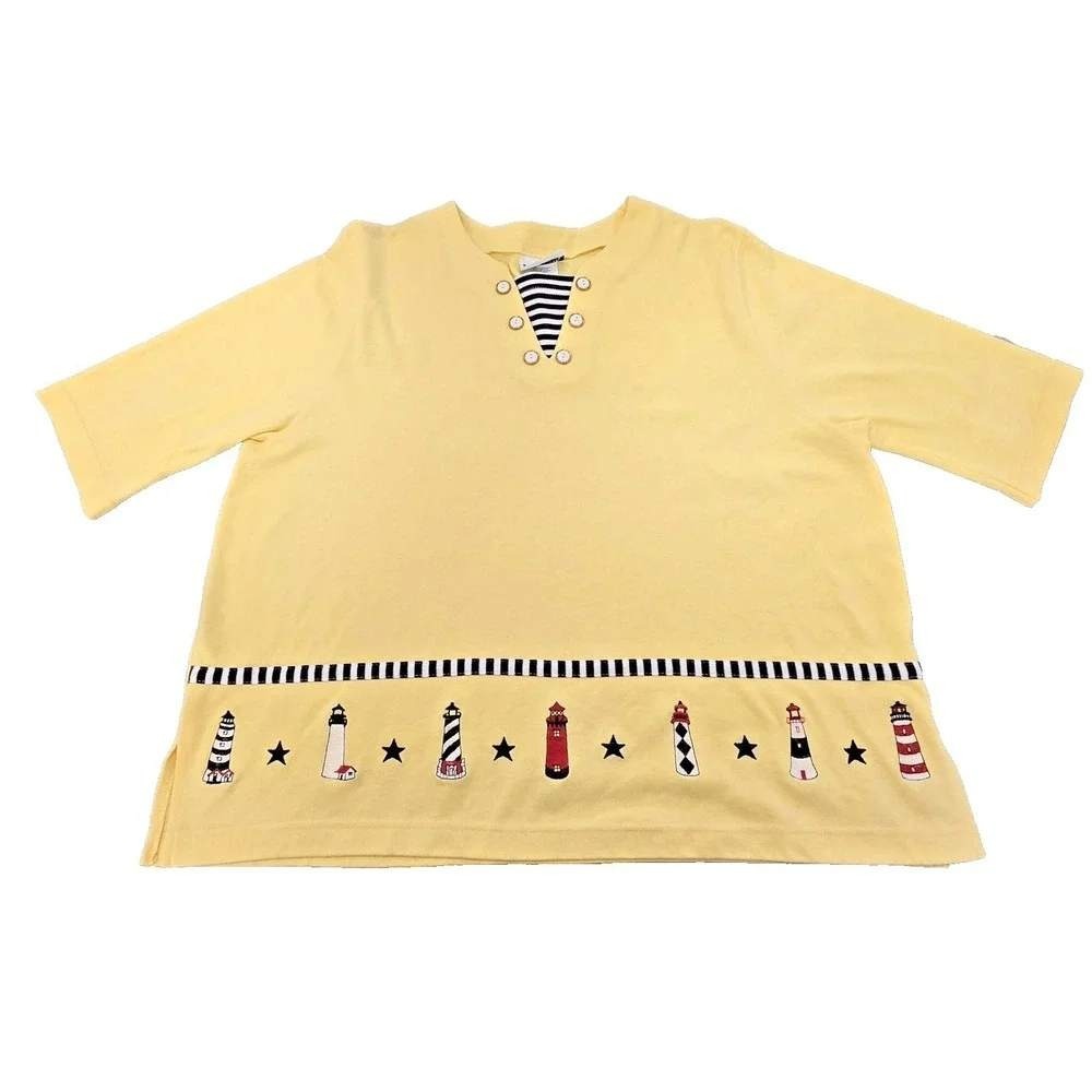 BonWorth Embroidered Lighthouse Vintage Shirt Yellow L Petite 90s Grandma
